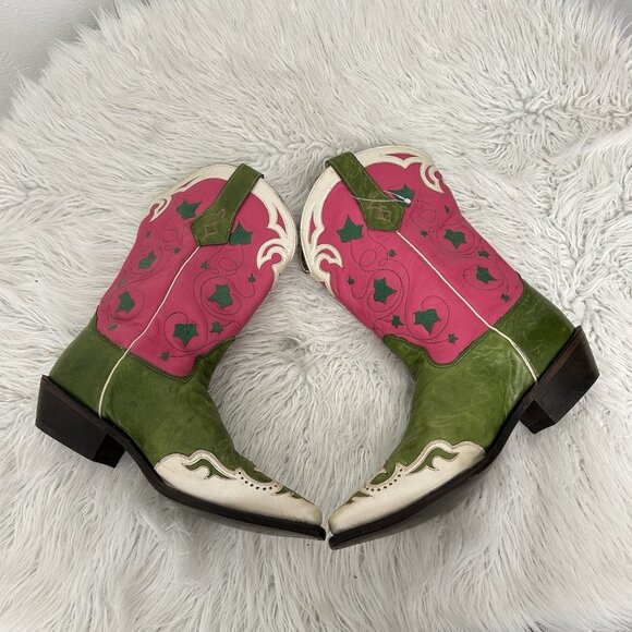 Vintage Nocona Western Cowboy Boots Pink Green Colorful Unique Size 11B Snip Toe - Picture 8 of 12